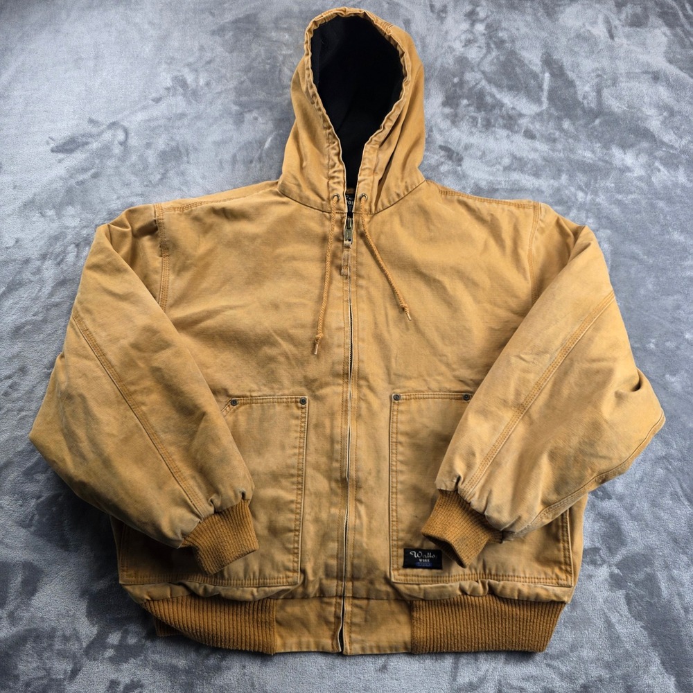 Vintage Walls Workwear Jacket Mens Large Brown Canvas Hooded Bomber Fleece Lined